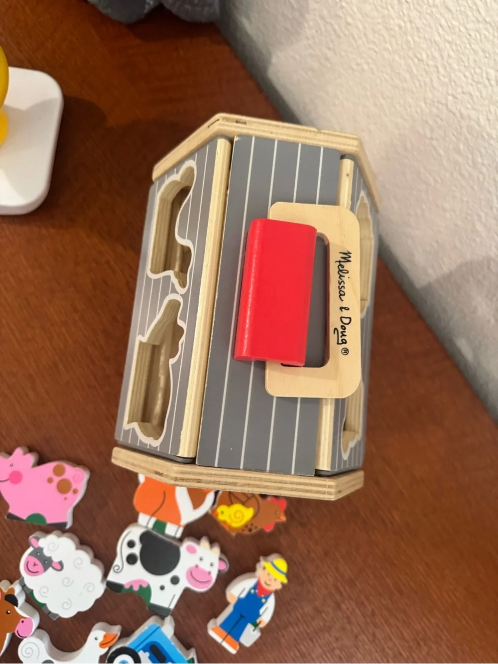 Melissa & Doug Gray Striped Wooden Farm Puzzle Box Take-Along Sorting Barn